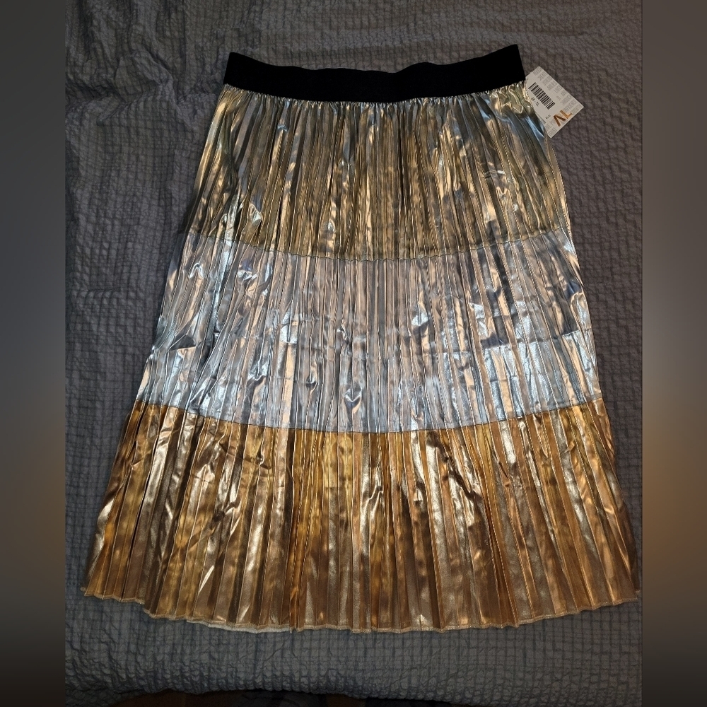 Metallic Pleated Midi Skirt Gold Silver Holiday Party Elastic Waist NWT